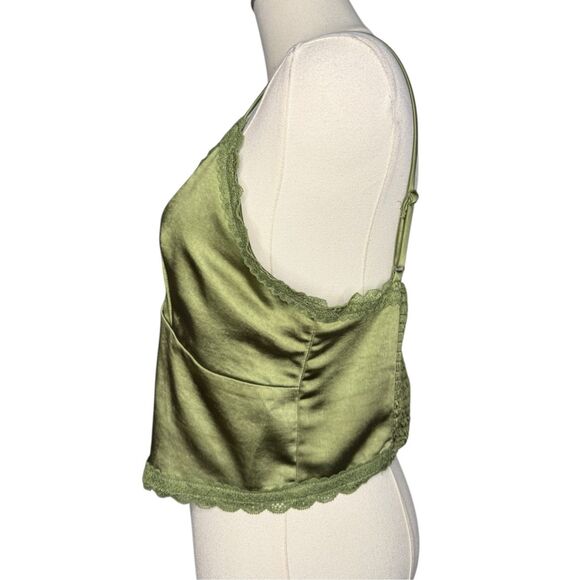 Willow & Root Women’s Medium Tank Top Green Satin Ruched Lace V-Neck - Picture 4 of 8